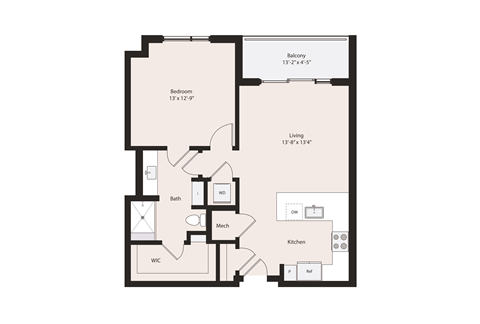 Deco A1-4 Floor Plan 1 Bedroom 1 Bathroom 803 square feet
